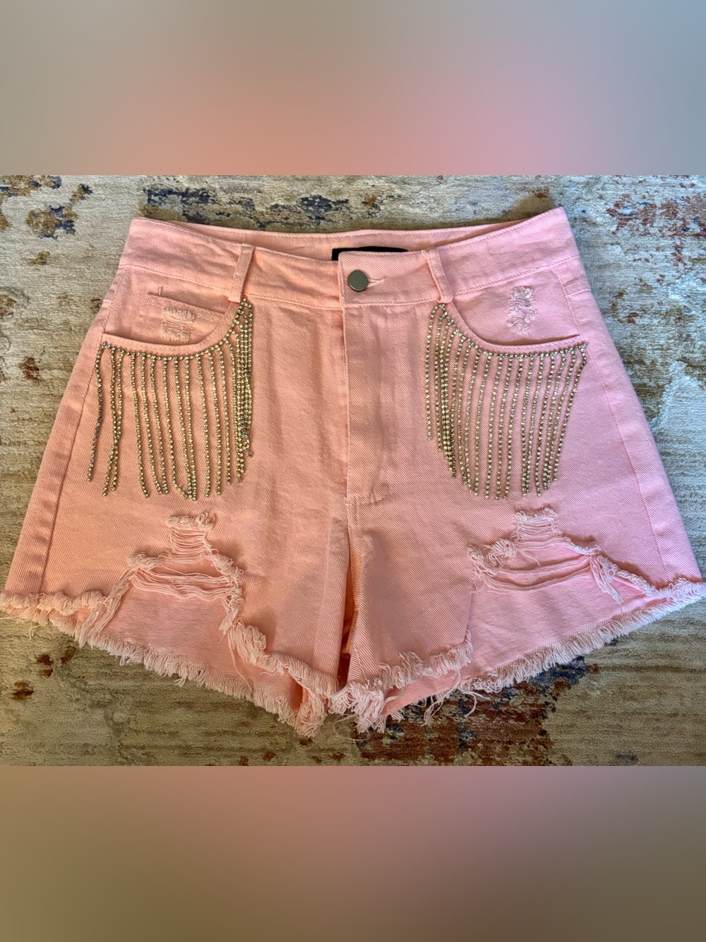 New! Pink Denim Rhinestone Fringe Shorts